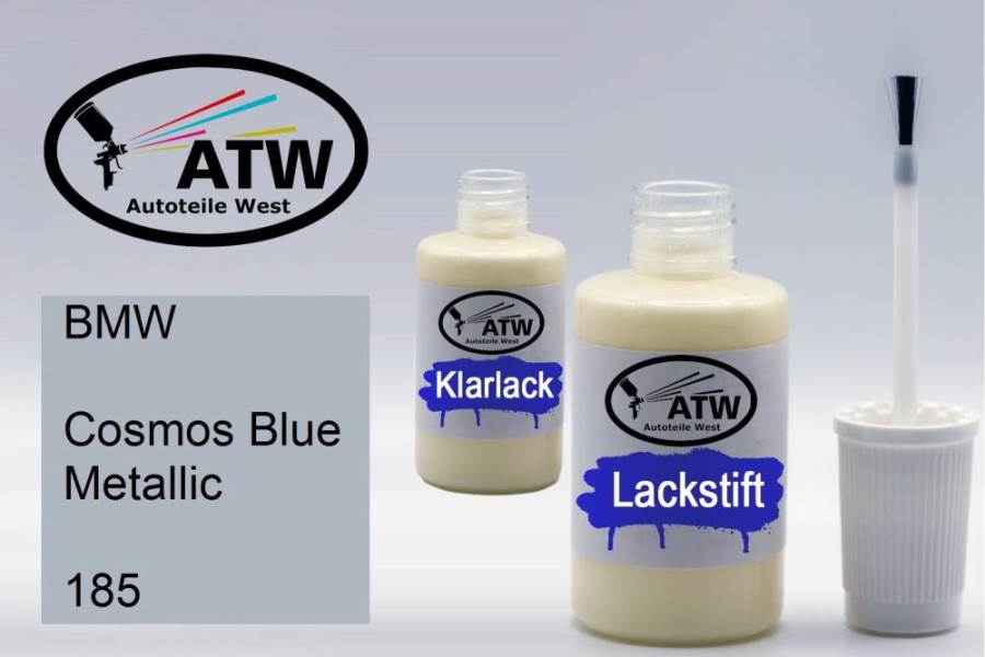 BMW, Cosmos Blue Metallic, 185: 20ml Lackstift + 20ml Klarlack - Set, von ATW Autoteile West.